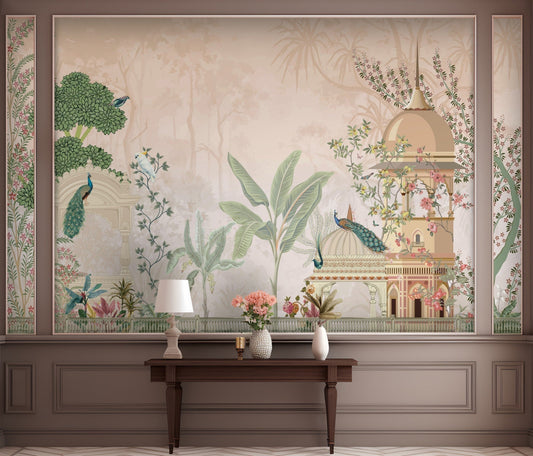 Peach floral mural wallpaper featuring Mayur Bagh design installed in living room, dining room, and bedroom interiors with elegant botanical detailing.