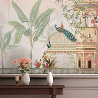 Peach floral mural wallpaper featuring Mayur Bagh design installed in living room, dining room, and bedroom interiors with elegant botanical detailing.