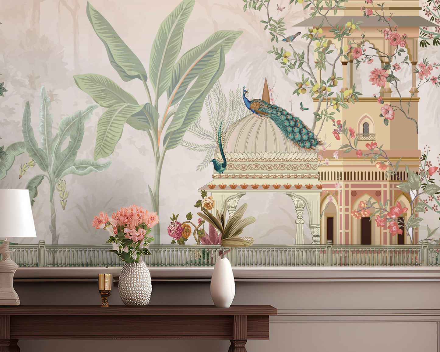 Peach floral mural wallpaper featuring Mayur Bagh design installed in living room, dining room, and bedroom interiors with elegant botanical detailing.