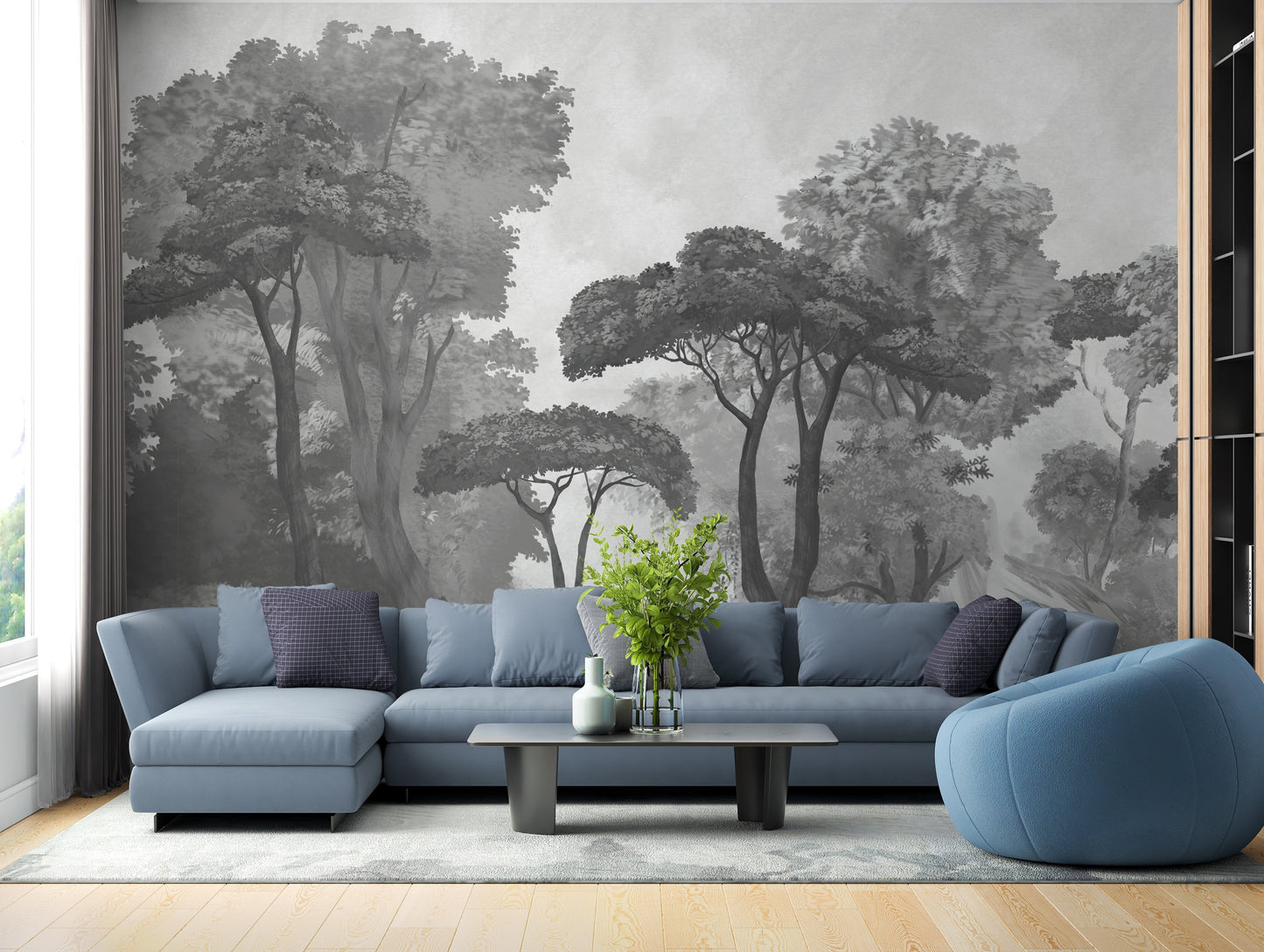 An architectural perspective of a contemporary lounge featuring the Mediterranean Reverie Forest Mural in Ash Grey as a full-scale feature wall. The mural’s expansive forest vista pairs strikingly with sleek stone surfaces and polished metal accents, creating a peaceful and cultured interior sanctuary.