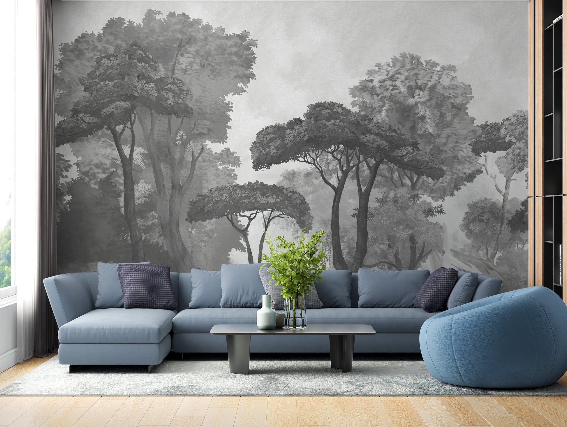 An architectural perspective of a contemporary lounge featuring the Mediterranean Reverie Forest Mural in Ash Grey as a full-scale feature wall. The mural’s expansive forest vista pairs strikingly with sleek stone surfaces and polished metal accents, creating a peaceful and cultured interior sanctuary.