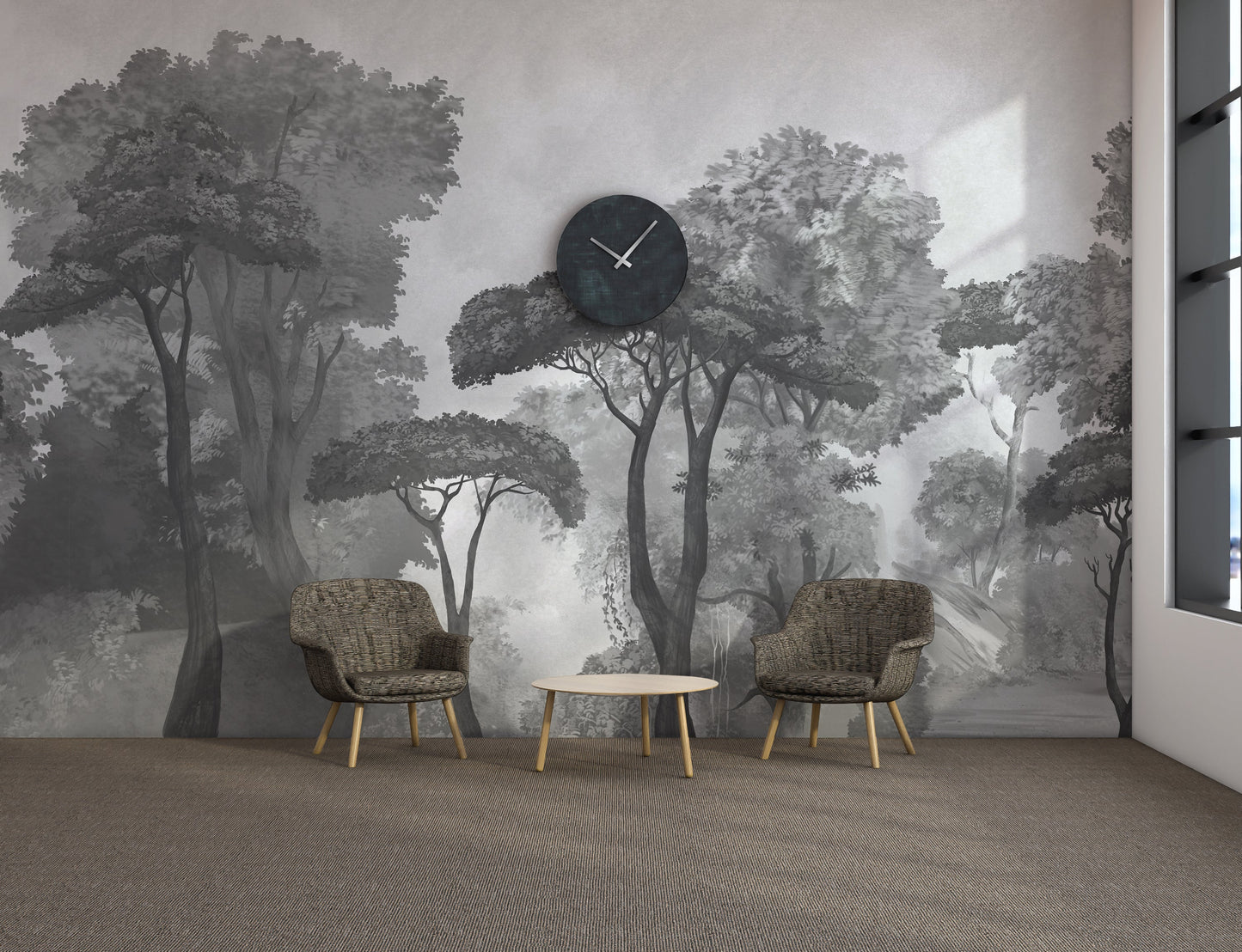 An architectural perspective of a contemporary lounge featuring the Mediterranean Reverie Forest Mural in Ash Grey as a full-scale feature wall. The mural’s expansive forest vista pairs strikingly with sleek stone surfaces and polished metal accents, creating a peaceful and cultured interior sanctuary.