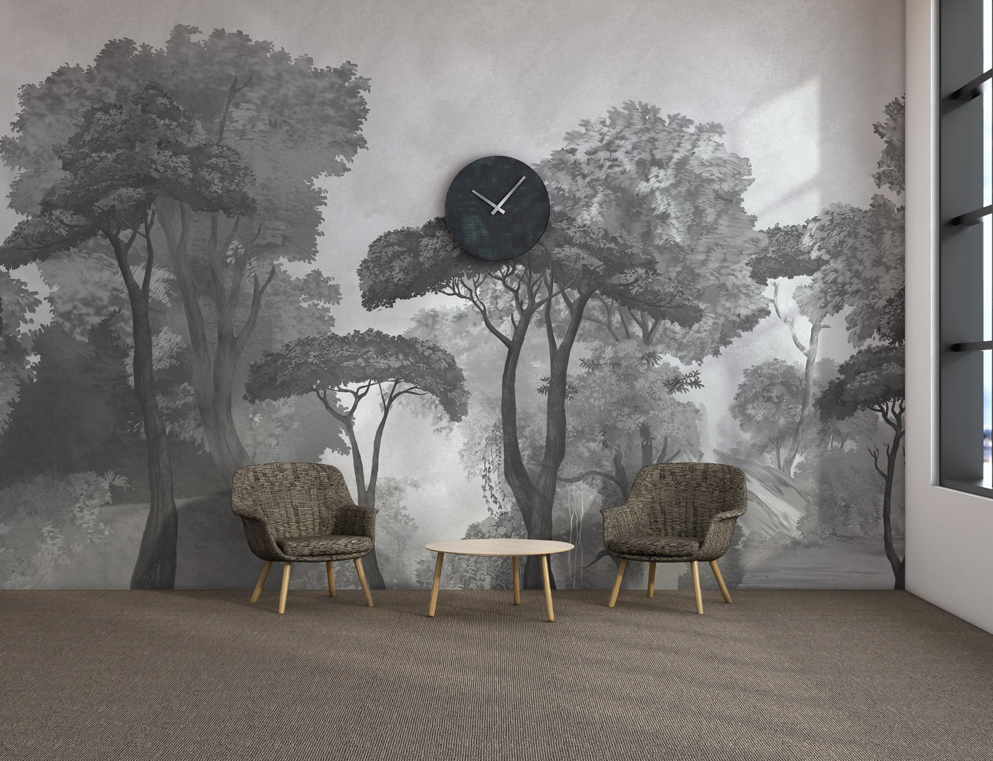 An architectural perspective of a contemporary lounge featuring the Mediterranean Reverie Forest Mural in Ash Grey as a full-scale feature wall. The mural’s expansive forest vista pairs strikingly with sleek stone surfaces and polished metal accents, creating a peaceful and cultured interior sanctuary.