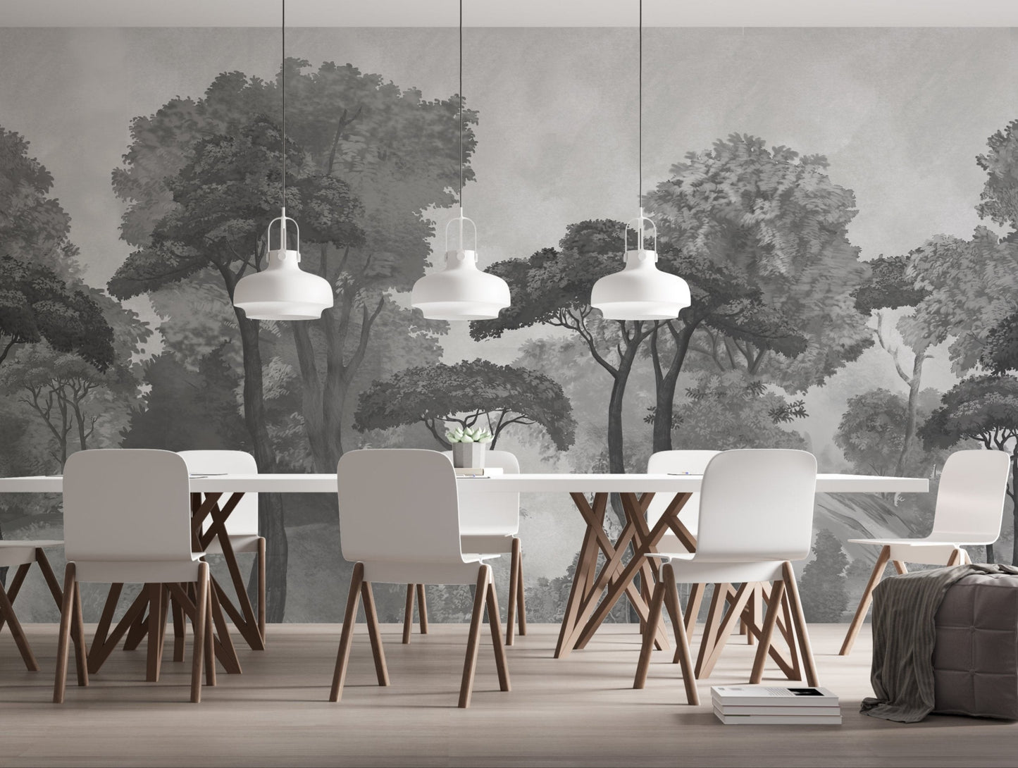 An architectural perspective of a contemporary lounge featuring the Mediterranean Reverie Forest Mural in Ash Grey as a full-scale feature wall. The mural’s expansive forest vista pairs strikingly with sleek stone surfaces and polished metal accents, creating a peaceful and cultured interior sanctuary.