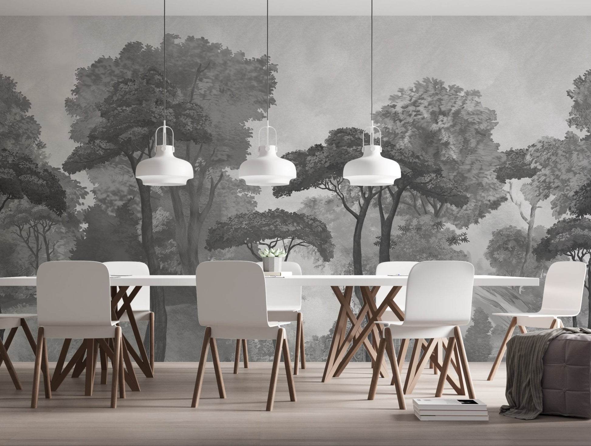 An architectural perspective of a contemporary lounge featuring the Mediterranean Reverie Forest Mural in Ash Grey as a full-scale feature wall. The mural’s expansive forest vista pairs strikingly with sleek stone surfaces and polished metal accents, creating a peaceful and cultured interior sanctuary.