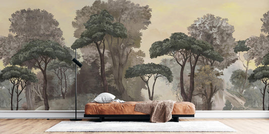 An architectural perspective of a contemporary lounge featuring the Mediterranean Reverie Forest Mural as a full-scale feature wall behind a cognac leather daybed. The mural’s expansive forest vista pairs strikingly with natural wood flooring and minimalist decor, creating a peaceful and cultured interior sanctuary.