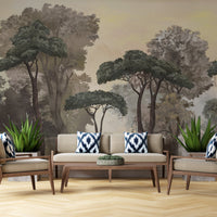 An architectural perspective of a contemporary lounge featuring the Mediterranean Reverie Forest Mural as a full-scale feature wall behind a cognac leather daybed. The mural’s expansive forest vista pairs strikingly with natural wood flooring and minimalist decor, creating a peaceful and cultured interior sanctuary.