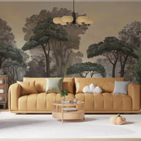 An architectural perspective of a contemporary lounge featuring the Mediterranean Reverie Forest Mural as a full-scale feature wall behind a cognac leather daybed. The mural’s expansive forest vista pairs strikingly with natural wood flooring and minimalist decor, creating a peaceful and cultured interior sanctuary.