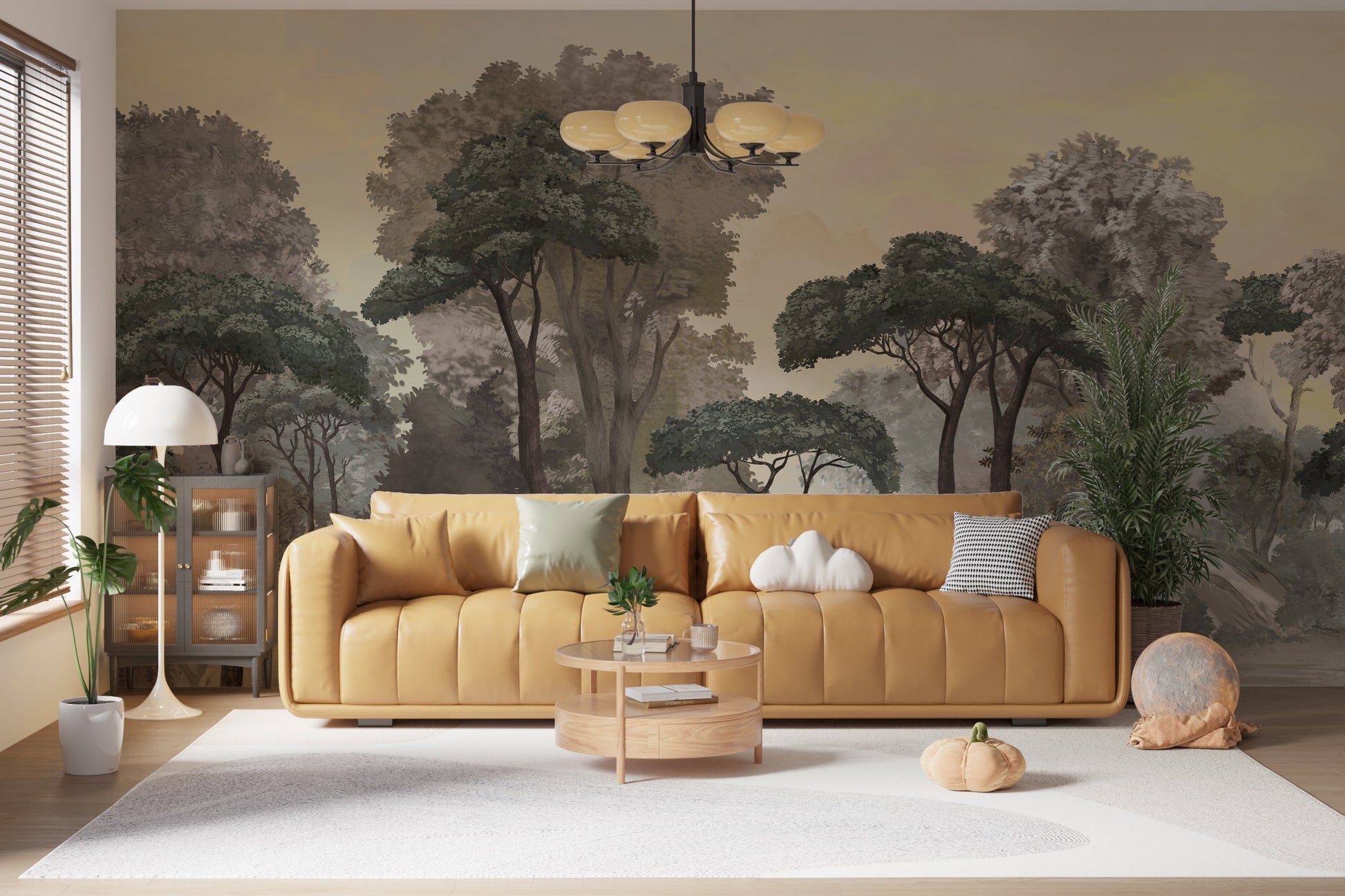 An architectural perspective of a contemporary lounge featuring the Mediterranean Reverie Forest Mural as a full-scale feature wall behind a cognac leather daybed. The mural’s expansive forest vista pairs strikingly with natural wood flooring and minimalist decor, creating a peaceful and cultured interior sanctuary.