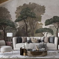 An architectural perspective of a contemporary lounge featuring the Mediterranean Reverie Forest Mural in Lazy Afternoon as a full-scale feature wall. The mural’s expansive forest vista pairs strikingly with natural textures and comfortable furniture, creating a peaceful and cultured interior sanctuary.