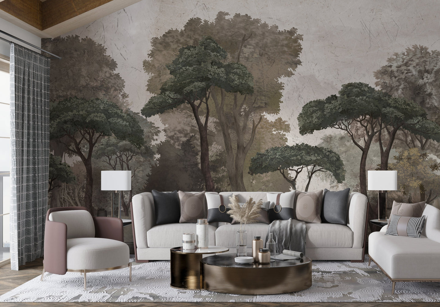 An architectural perspective of a contemporary lounge featuring the Mediterranean Reverie Forest Mural in Lazy Afternoon as a full-scale feature wall. The mural’s expansive forest vista pairs strikingly with natural textures and comfortable furniture, creating a peaceful and cultured interior sanctuary.