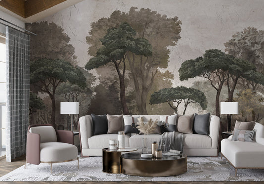 An architectural perspective of a contemporary lounge featuring the Mediterranean Reverie Forest Mural in Lazy Afternoon as a full-scale feature wall. The mural’s expansive forest vista pairs strikingly with natural textures and comfortable furniture, creating a peaceful and cultured interior sanctuary.