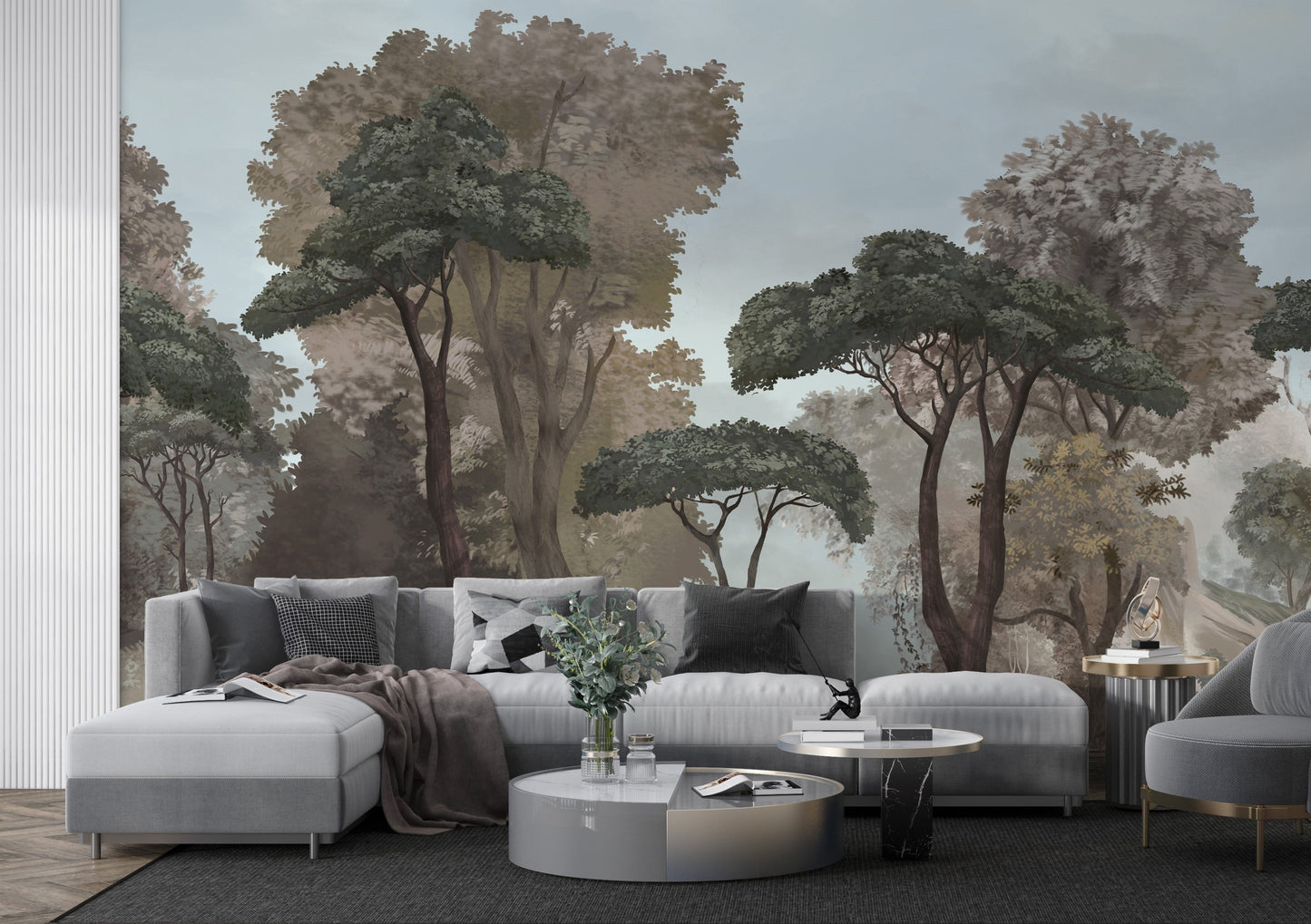 An architectural perspective of a contemporary lounge featuring the Mediterranean Reverie Forest Mural in Stormy Bay as a full-scale feature wall. The mural’s expansive forest vista pairs strikingly with crisp white furniture and metallic accents, creating a peaceful and cultured interior sanctuary.