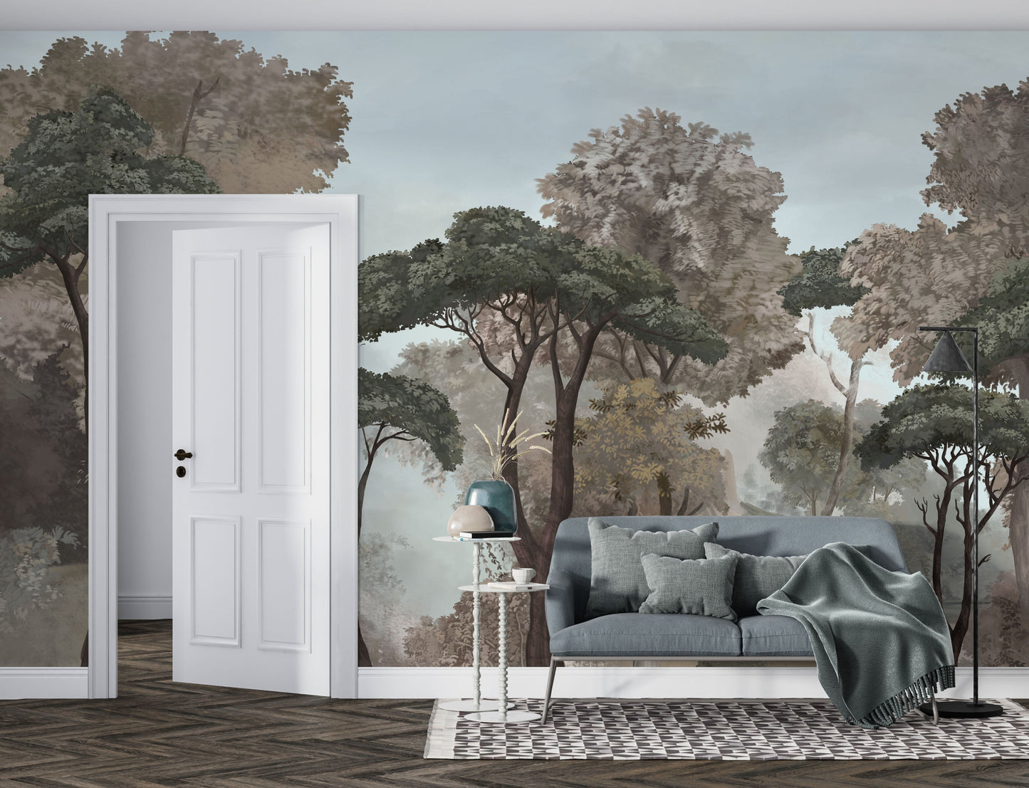 An architectural perspective of a contemporary lounge featuring the Mediterranean Reverie Forest Mural in Stormy Bay as a full-scale feature wall. The mural’s expansive forest vista pairs strikingly with crisp white furniture and metallic accents, creating a peaceful and cultured interior sanctuary.