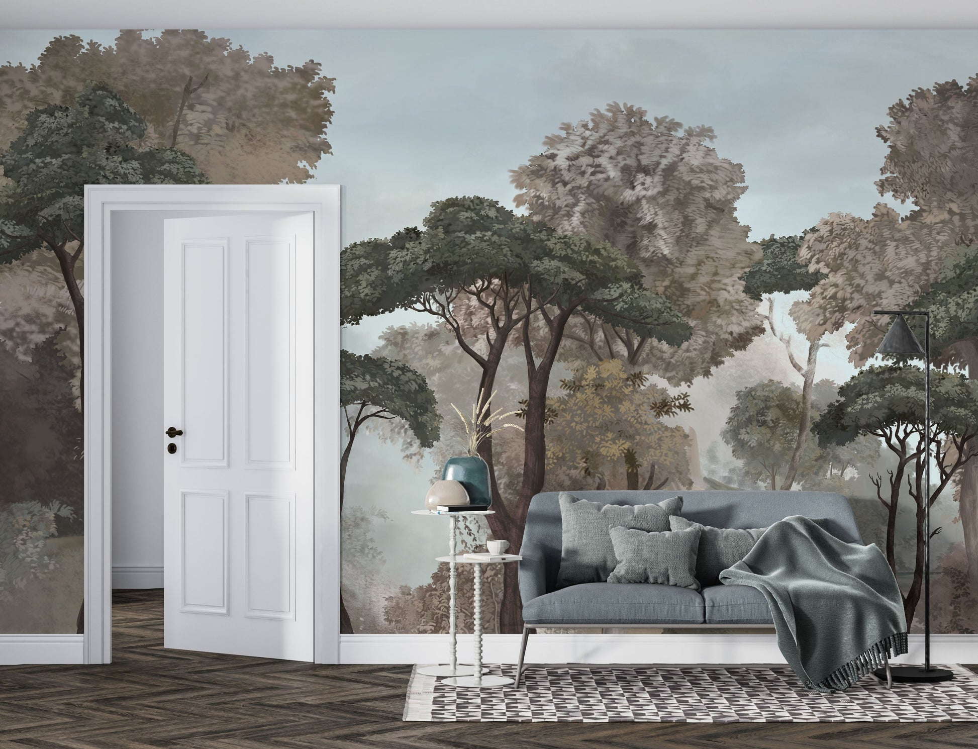 An architectural perspective of a contemporary lounge featuring the Mediterranean Reverie Forest Mural in Stormy Bay as a full-scale feature wall. The mural’s expansive forest vista pairs strikingly with crisp white furniture and metallic accents, creating a peaceful and cultured interior sanctuary.