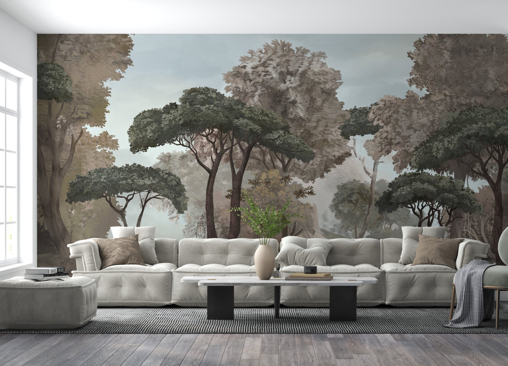 An architectural perspective of a contemporary lounge featuring the Mediterranean Reverie Forest Mural in Stormy Bay as a full-scale feature wall. The mural’s expansive forest vista pairs strikingly with crisp white furniture and metallic accents, creating a peaceful and cultured interior sanctuary.