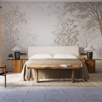A high-resolution detail of the Minimalist Abstract Forest Tropical Wallpaper, showcasing the fine, illustrative linework of the branches and the soft watercolor-style textures of the foliage. The image highlights the gentle tonal transitions between sand beige, muted taupe, and soft cream that define this modern nature mural.