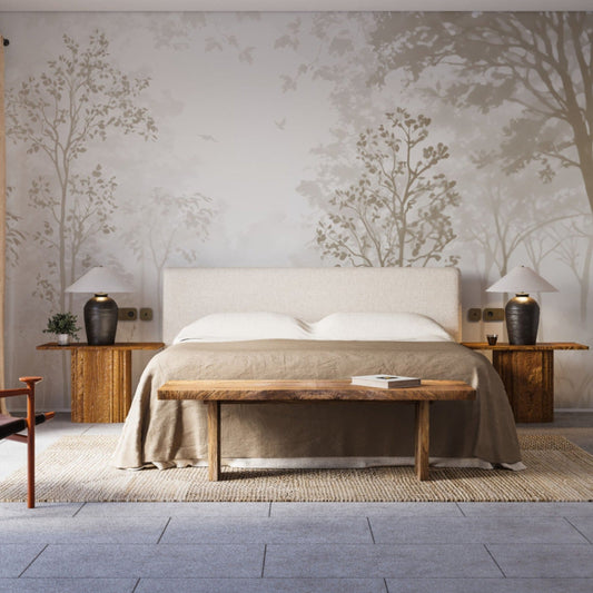 A high-resolution detail of the Minimalist Abstract Forest Tropical Wallpaper, showcasing the fine, illustrative linework of the branches and the soft watercolor-style textures of the foliage. The image highlights the gentle tonal transitions between sand beige, muted taupe, and soft cream that define this modern nature mural.