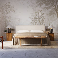 An architectural perspective of a contemporary bedroom featuring this Minimalist Abstract Forest Tropical Wallpaper as a full-scale feature wall behind a neutral-toned bed. The mural’s airy, receding landscape creates a sense of infinite horizon, pairing elegantly with natural wood furniture, leather accents, and organic textiles.