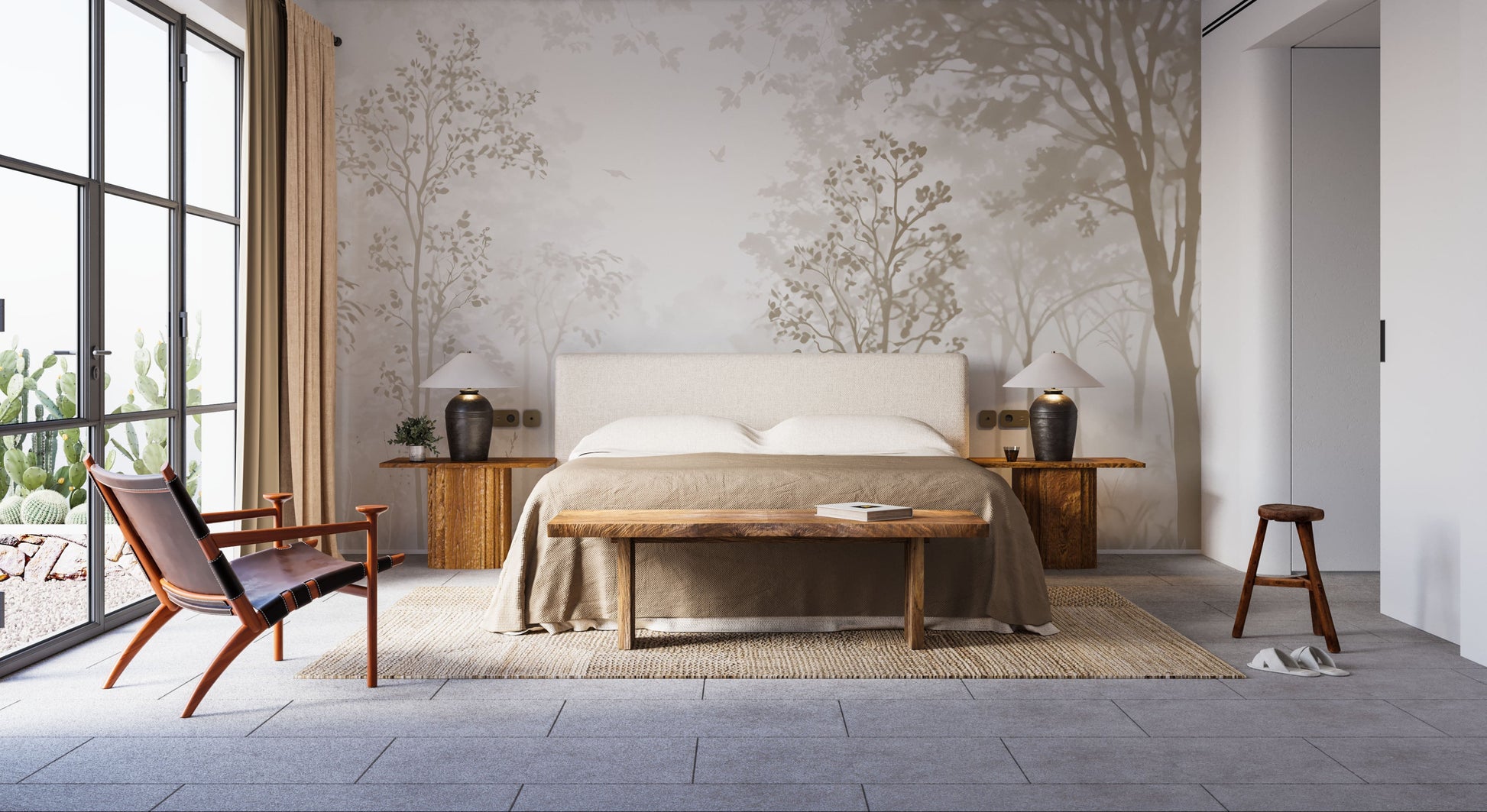 An architectural perspective of a contemporary bedroom featuring this Minimalist Abstract Forest Tropical Wallpaper as a full-scale feature wall behind a neutral-toned bed. The mural’s airy, receding landscape creates a sense of infinite horizon, pairing elegantly with natural wood furniture, leather accents, and organic textiles.
