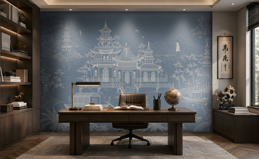 1437_DA_Imperial Garden Retreat Wallpaper, Mist Blue, Wall Mural.
