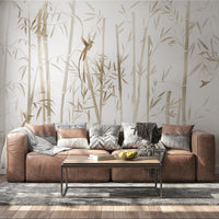 An architectural perspective of a high-end contemporary living room featuring the Mist Mural as a full-scale feature wall. The mural’s neutral, monochromatic tones pair elegantly with cognac leather upholstery, natural wood flooring, and soft ambient light, creating a peaceful and cultured interior sanctuary.