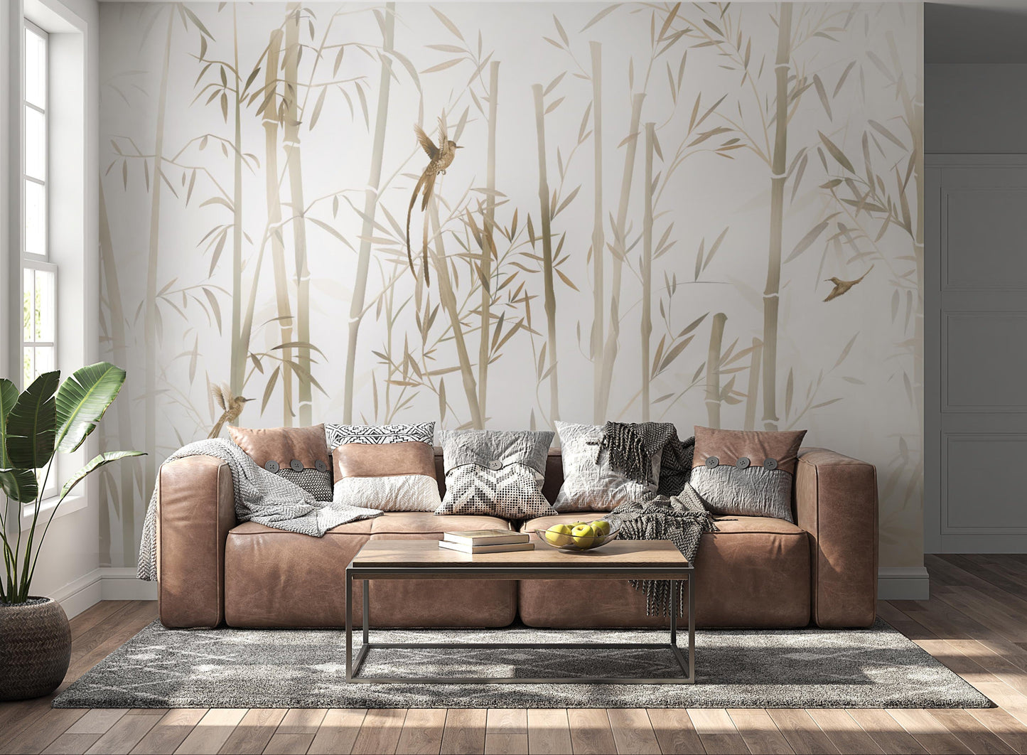 An architectural perspective of a high-end contemporary living room featuring the Mist Mural as a full-scale feature wall. The mural’s neutral, monochromatic tones pair elegantly with cognac leather upholstery, natural wood flooring, and soft ambient light, creating a peaceful and cultured interior sanctuary.