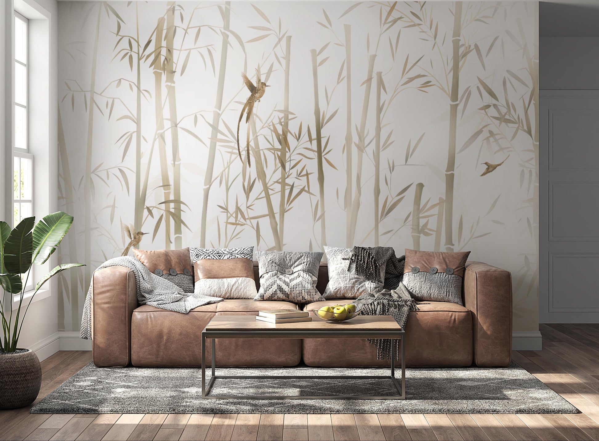 An architectural perspective of a high-end contemporary living room featuring the Mist Mural as a full-scale feature wall. The mural’s neutral, monochromatic tones pair elegantly with cognac leather upholstery, natural wood flooring, and soft ambient light, creating a peaceful and cultured interior sanctuary.