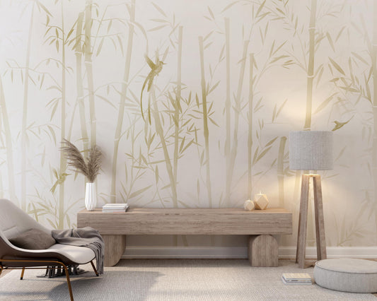 Beige scenic landscape mural wallpaper installed as a feature wall in living room, dining room, and bedroom interiors with soft mist-inspired design.