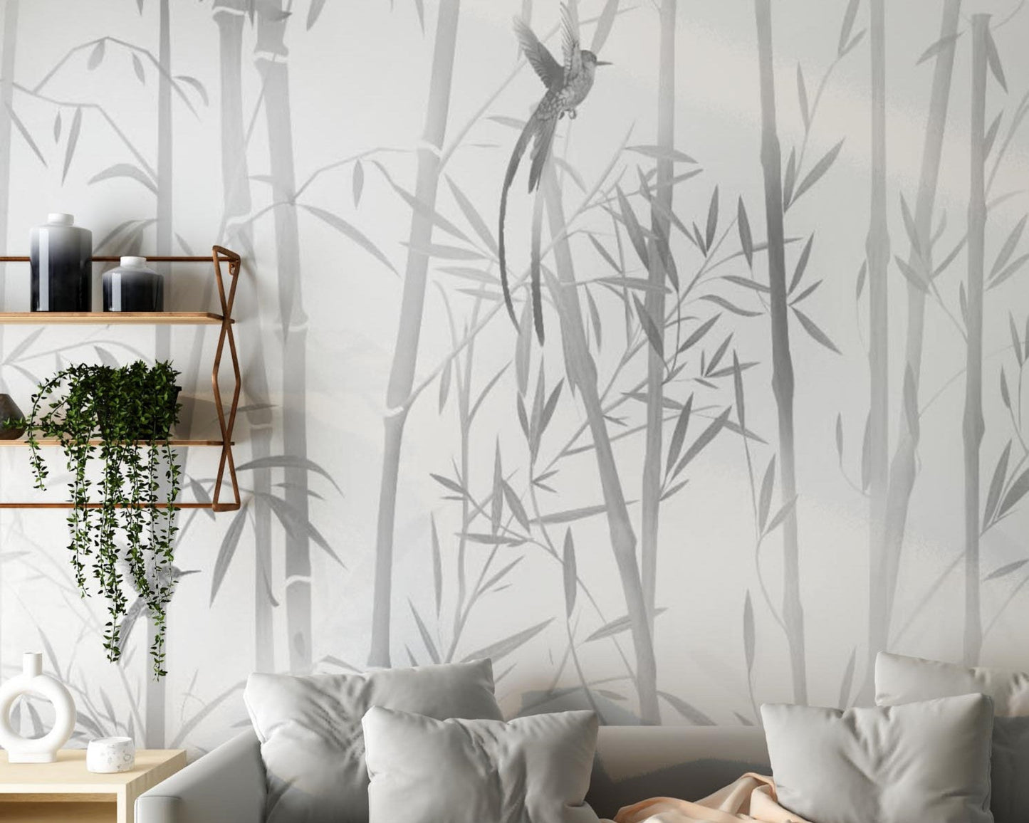 An architectural perspective of a contemporary sunlit lounge featuring the Mist Scenic Landscape Mural as a full-scale feature wall. The mural’s bold black silhouettes pair elegantly with charcoal gray upholstery, metallic accents, and light wood flooring, creating a sophisticated and high-contrast interior sanctuary.