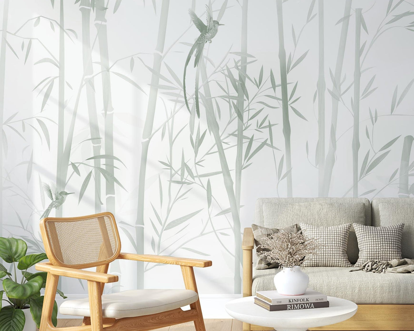 An architectural perspective of a contemporary sunlit lounge featuring the Mist Scenic Landscape Mural as a full-scale feature wall. The mural’s soft verdant tones pair elegantly with a light gray sofa, natural wood furniture, and woven rattan accents, creating a serene and sophisticated interior sanctuary.