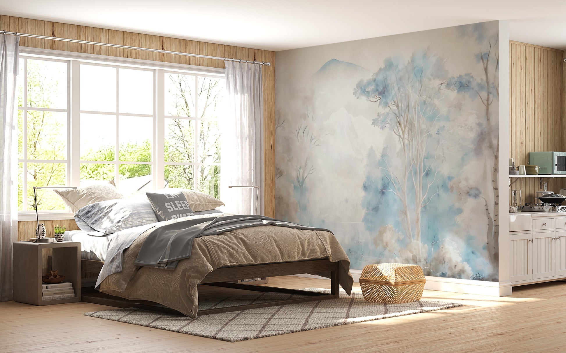 Misty blue ash watercolor forest mural wallpaper installed as a feature wall in living room, dining room, and bedroom interiors with soft blue and grey tones.