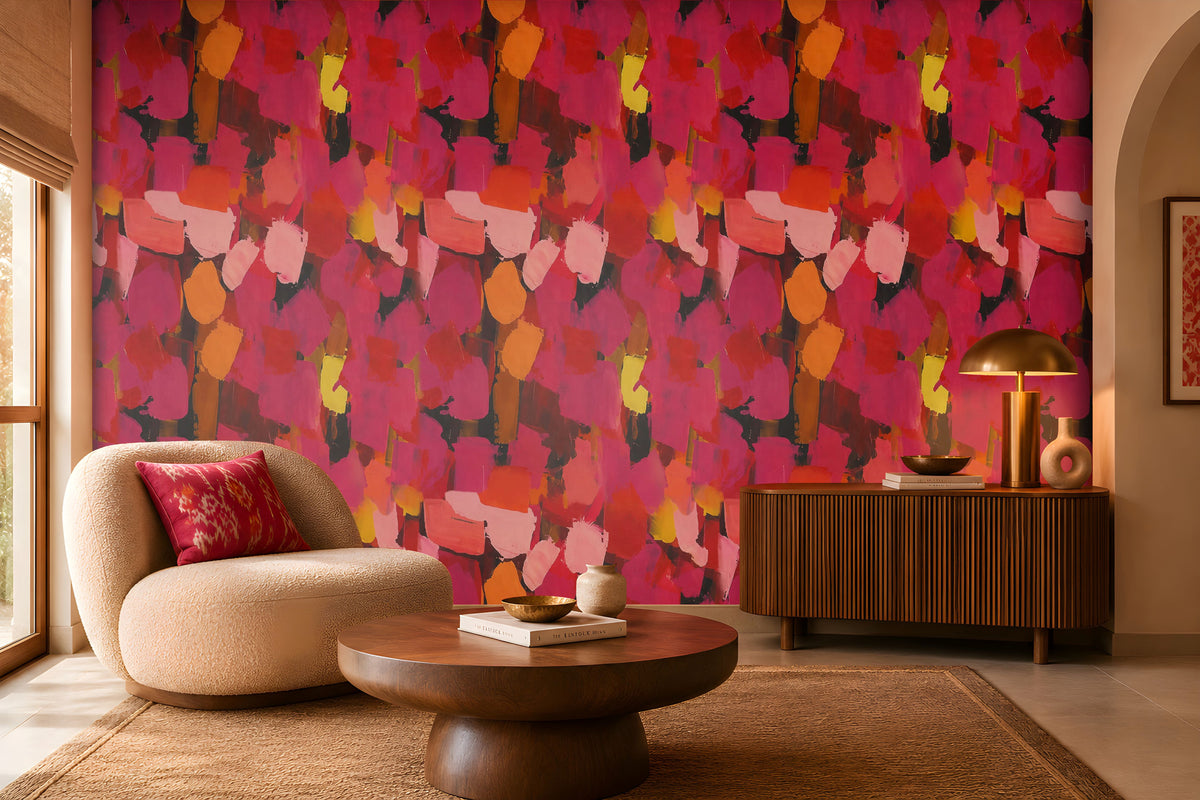 Modern Expression Coral Red abstract wallpaper featuring a bold, artistic brushstroke pattern in vibrant coral red, deep crimson, magenta, dusty pink, fiery orange, golden yellow, and charcoal accents. Displayed on a seamless statement wall in a contemporary living room, this expressive multicoloured wallpaper creates a warm, dramatic, and luxurious atmosphere. The interior features a cream boucle accent chair with a decorative red cushion, a round wooden coffee table, a dark wood fluted sideboard, a brass 