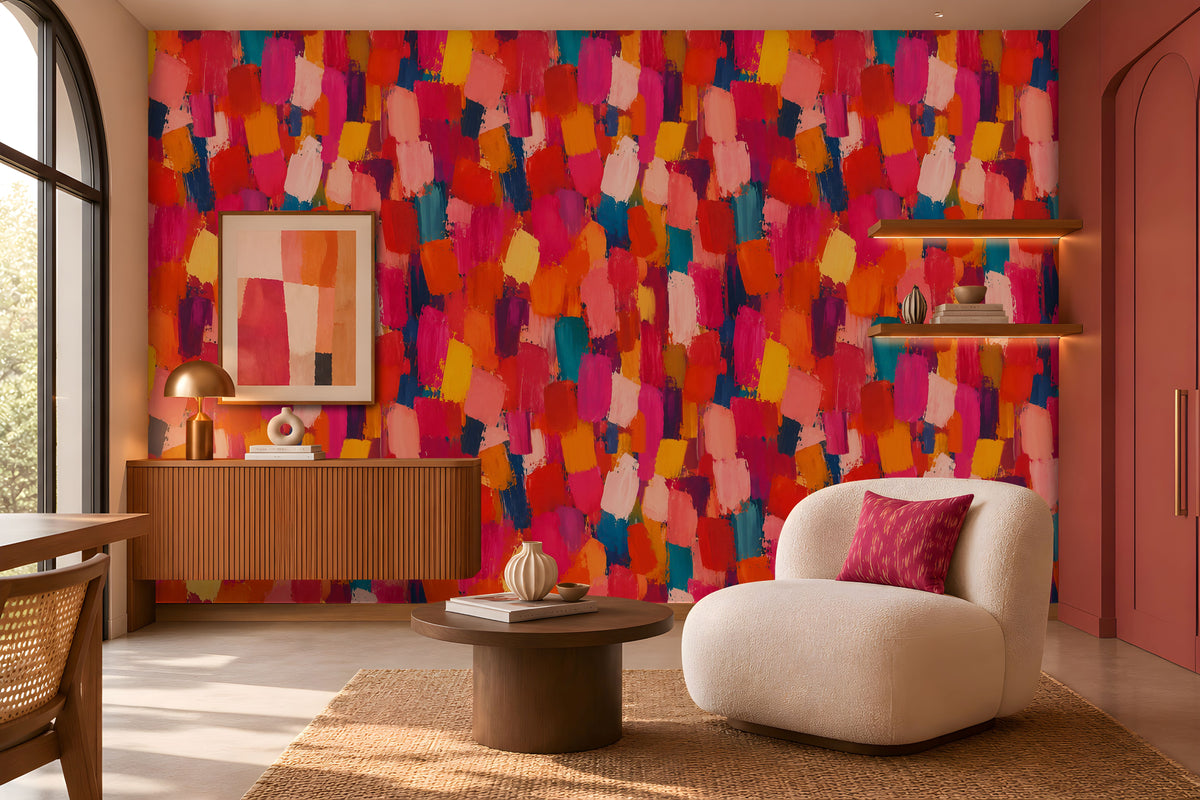 Modern Expression Coral Red abstract wallpaper showcased in a stylish contemporary living space, featuring a vibrant artistic pattern of coral red, fiery orange, magenta, golden yellow, blush pink, and deep teal brushstrokes. The bold, multicoloured design creates a striking statement wall, complemented by a cream upholstered accent chair, a warm wooden fluted console, a round wooden coffee table, decorative accessories, and soft ambient lighting. Large arched windows allow natural sunlight 