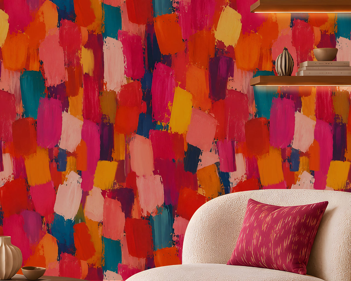 Modern Expression Coral Red abstract wallpaper showcased in a stylish contemporary living space, featuring a vibrant artistic pattern of coral red, fiery orange, magenta, golden yellow, blush pink, and deep teal brushstrokes. The bold, multicoloured design creates a striking statement wall, complemented by a cream upholstered accent chair, a warm wooden fluted console, a round wooden coffee table, decorative accessories, and soft ambient lighting. Large arched windows allow natural sunlight 