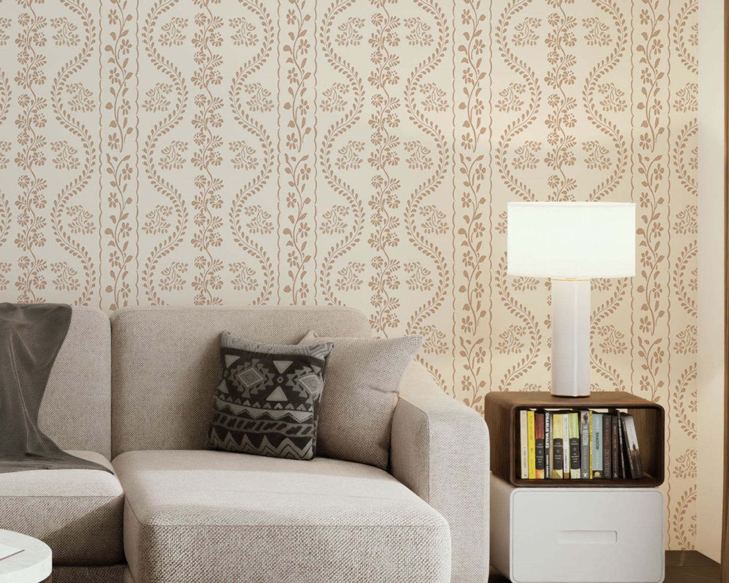 A high-resolution detail of the Floral Seamless Wallpaper in Muted Beige, showcasing the rhythmic vertical vine structure and delicate botanical sprigs. The image highlights the fine, hand-drawn illustrative style and the soothing, neutral tones of the tan and cream palette.