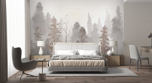 An architectural perspective of a contemporary bedroom featuring this Mystic Morning Grove Tropical Wallpaper as a full-scale feature wall behind a neutral-toned bed. The mural creates a sense of infinite horizon and calm, perfectly complementing minimalist furniture, wood flooring, and modern lighting.