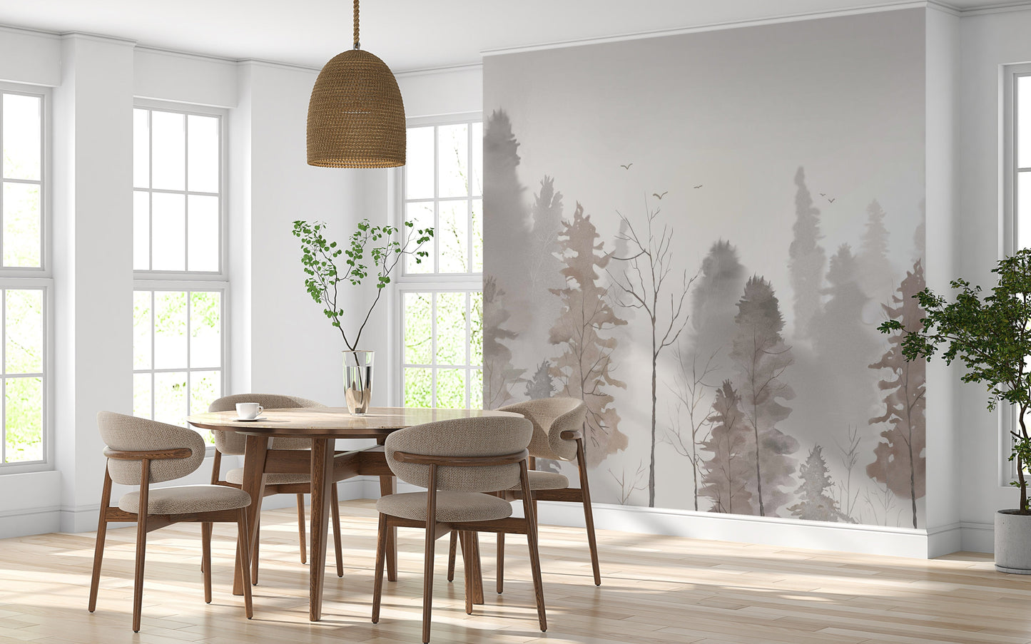 An architectural perspective of a contemporary bedroom featuring this Mystic Morning Grove Tropical Wallpaper as a full-scale feature wall behind a neutral-toned bed. The mural creates a sense of infinite horizon and calm, perfectly complementing minimalist furniture, wood flooring, and modern lighting.