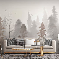 An architectural perspective of a contemporary bedroom featuring this Mystic Morning Grove Tropical Wallpaper as a full-scale feature wall behind a neutral-toned bed. The mural creates a sense of infinite horizon and calm, perfectly complementing minimalist furniture, wood flooring, and modern lighting.