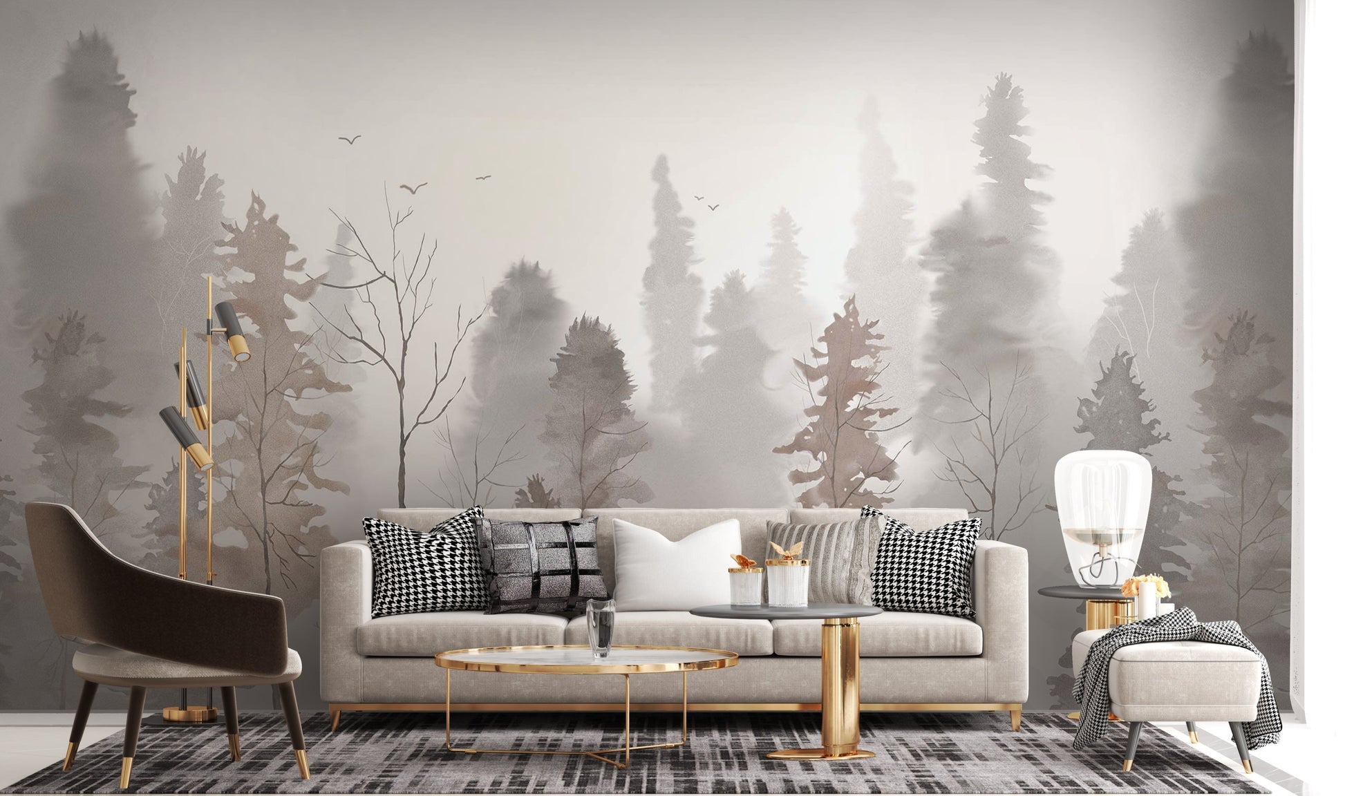 An architectural perspective of a contemporary bedroom featuring this Mystic Morning Grove Tropical Wallpaper as a full-scale feature wall behind a neutral-toned bed. The mural creates a sense of infinite horizon and calm, perfectly complementing minimalist furniture, wood flooring, and modern lighting.