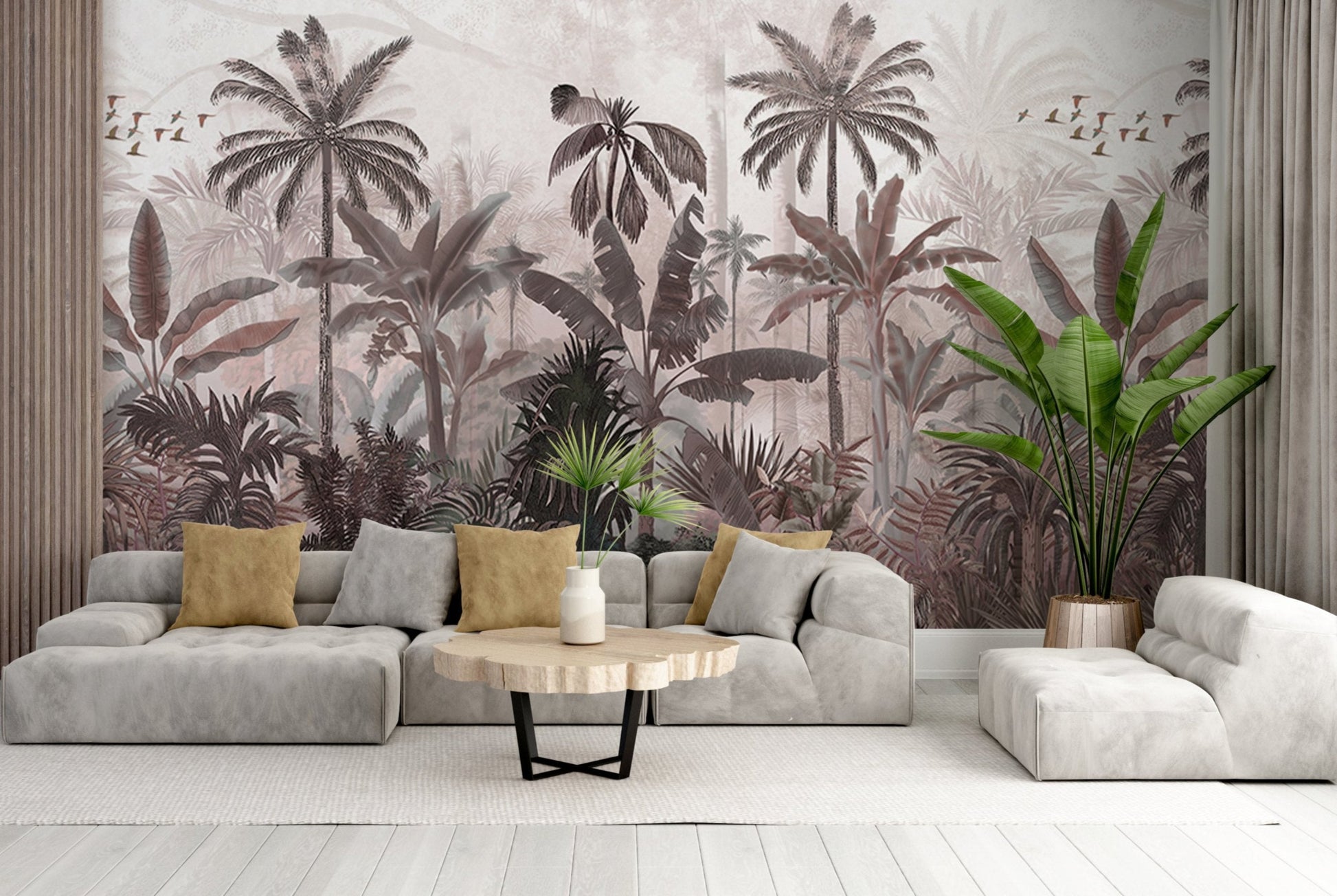 An architectural perspective of a high-end contemporary lounge featuring the Mystic Rainforest Haven Mural in Cold Turkey as a full-scale feature wall. The mural’s expansive botanical vista pairs elegantly with charcoal accents and stone-textured flooring, creating a peaceful and cultured interior sanctuary.