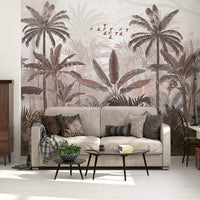 An architectural perspective of a high-end contemporary lounge featuring the Mystic Rainforest Haven Mural in Cold Turkey as a full-scale feature wall. The mural’s expansive botanical vista pairs elegantly with charcoal accents and stone-textured flooring, creating a peaceful and cultured interior sanctuary.