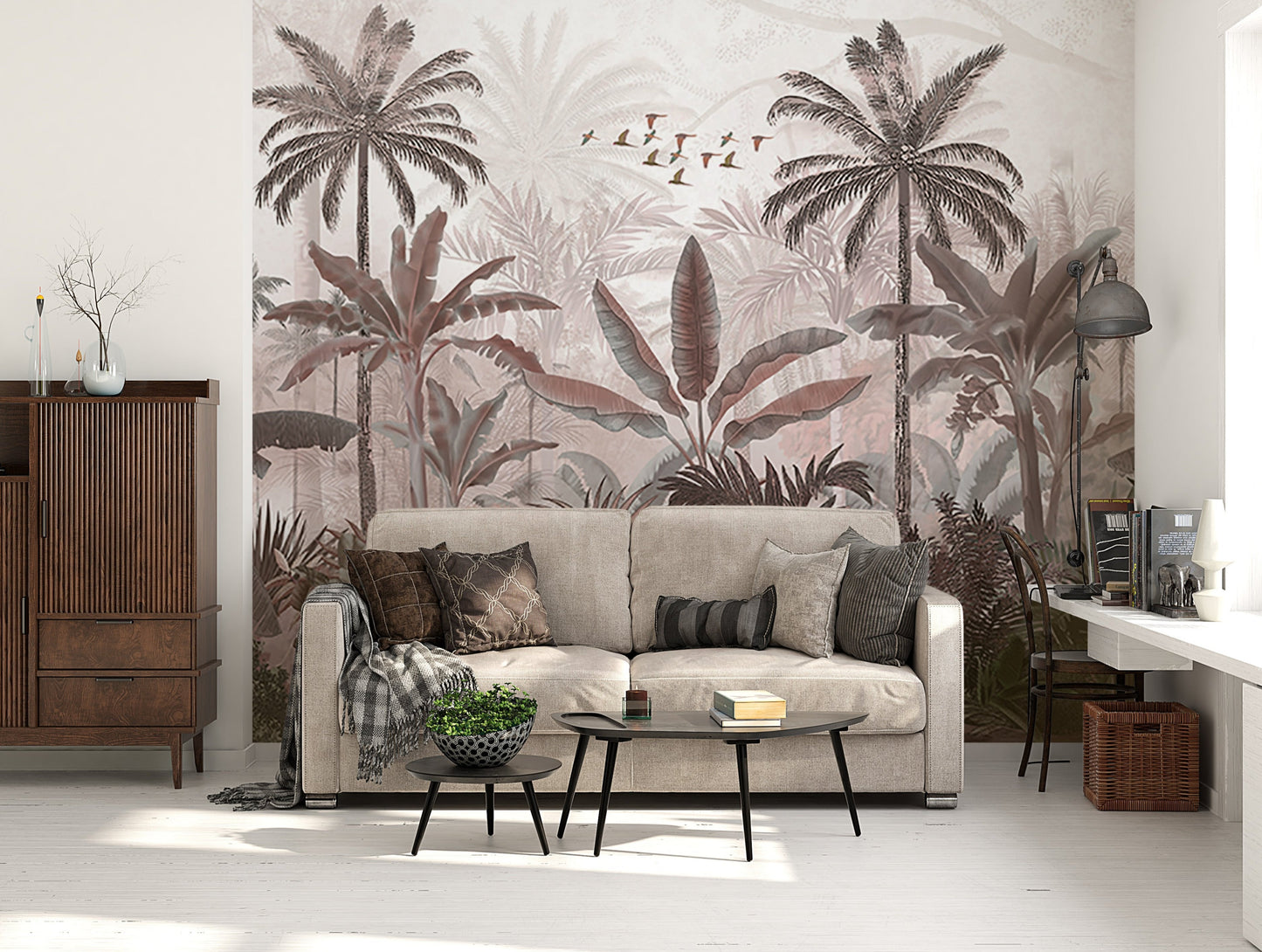An architectural perspective of a high-end contemporary lounge featuring the Mystic Rainforest Haven Mural in Cold Turkey as a full-scale feature wall. The mural’s expansive botanical vista pairs elegantly with charcoal accents and stone-textured flooring, creating a peaceful and cultured interior sanctuary.