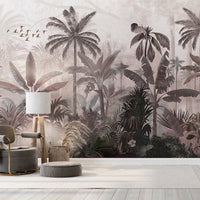An architectural perspective of a high-end contemporary lounge featuring the Mystic Rainforest Haven Mural in Cold Turkey as a full-scale feature wall. The mural’s expansive botanical vista pairs elegantly with charcoal accents and stone-textured flooring, creating a peaceful and cultured interior sanctuary.