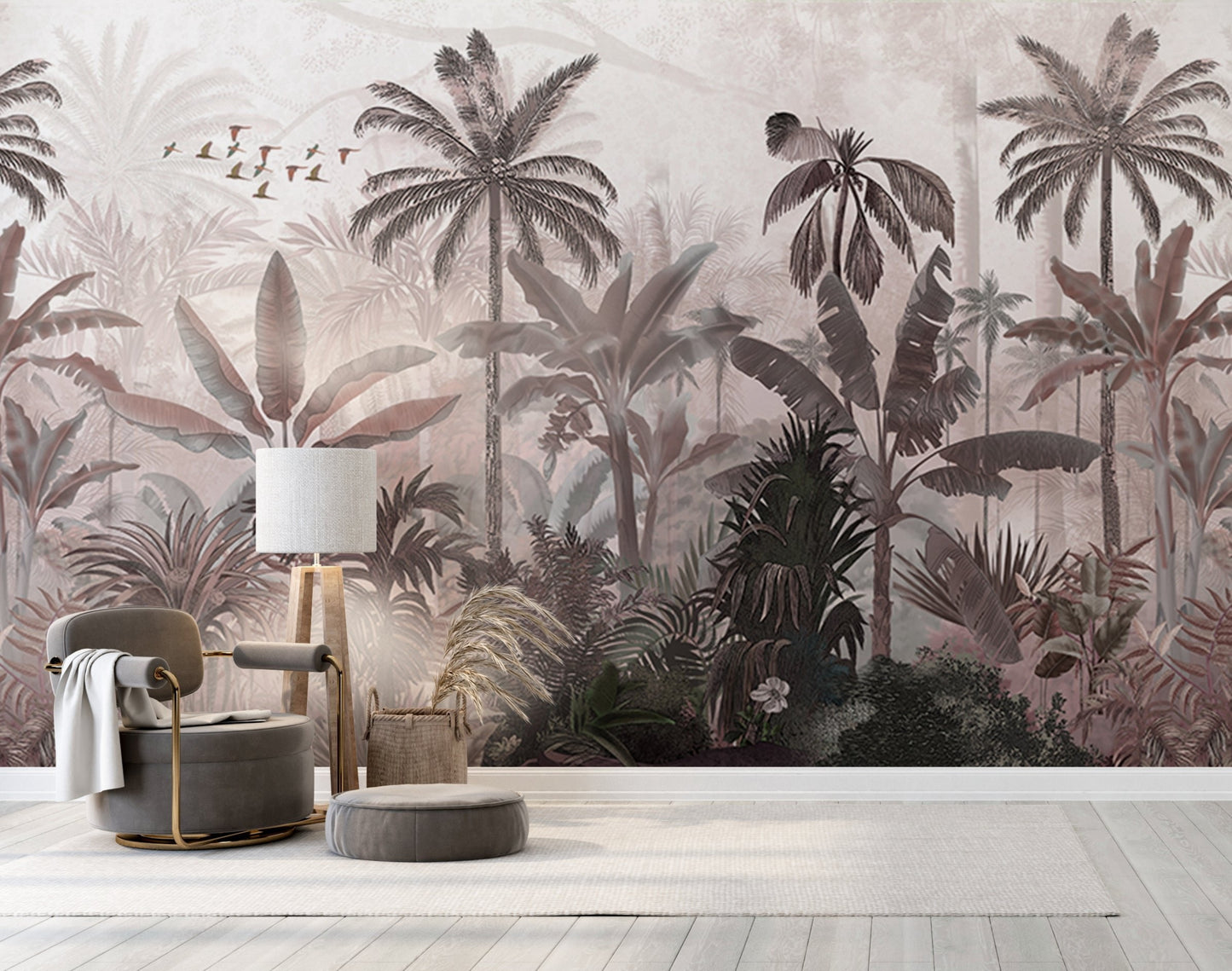 An architectural perspective of a high-end contemporary lounge featuring the Mystic Rainforest Haven Mural in Cold Turkey as a full-scale feature wall. The mural’s expansive botanical vista pairs elegantly with charcoal accents and stone-textured flooring, creating a peaceful and cultured interior sanctuary.
