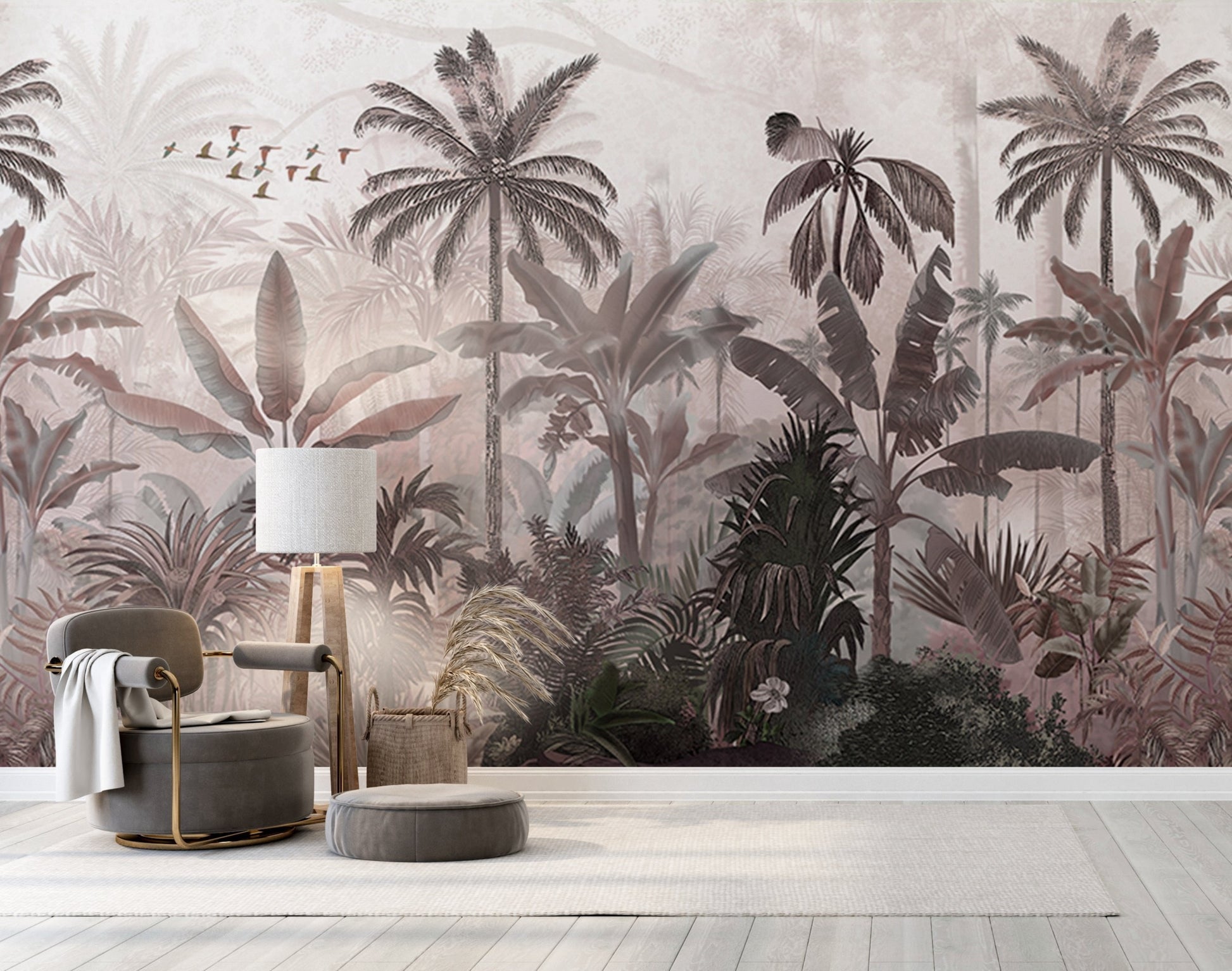 An architectural perspective of a high-end contemporary lounge featuring the Mystic Rainforest Haven Mural in Cold Turkey as a full-scale feature wall. The mural’s expansive botanical vista pairs elegantly with charcoal accents and stone-textured flooring, creating a peaceful and cultured interior sanctuary.