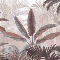 An architectural perspective of a high-end contemporary lounge featuring the Mystic Rainforest Haven Mural in Cold Turkey as a full-scale feature wall. The mural’s expansive botanical vista pairs elegantly with charcoal accents and stone-textured flooring, creating a peaceful and cultured interior sanctuary.