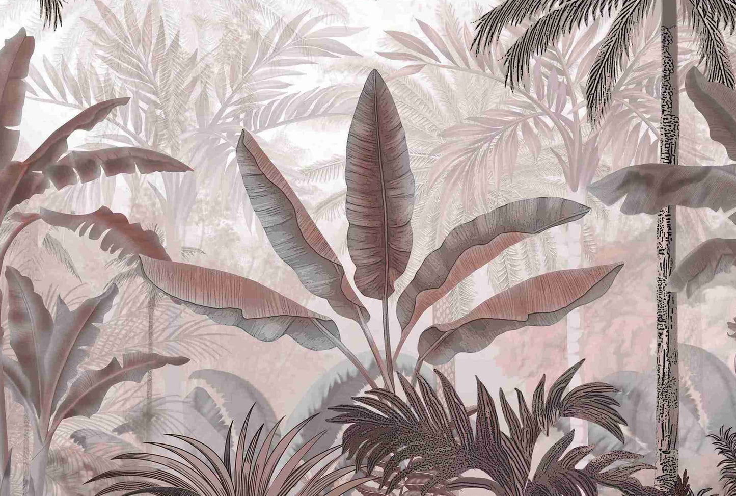 An architectural perspective of a high-end contemporary lounge featuring the Mystic Rainforest Haven Mural in Cold Turkey as a full-scale feature wall. The mural’s expansive botanical vista pairs elegantly with charcoal accents and stone-textured flooring, creating a peaceful and cultured interior sanctuary.