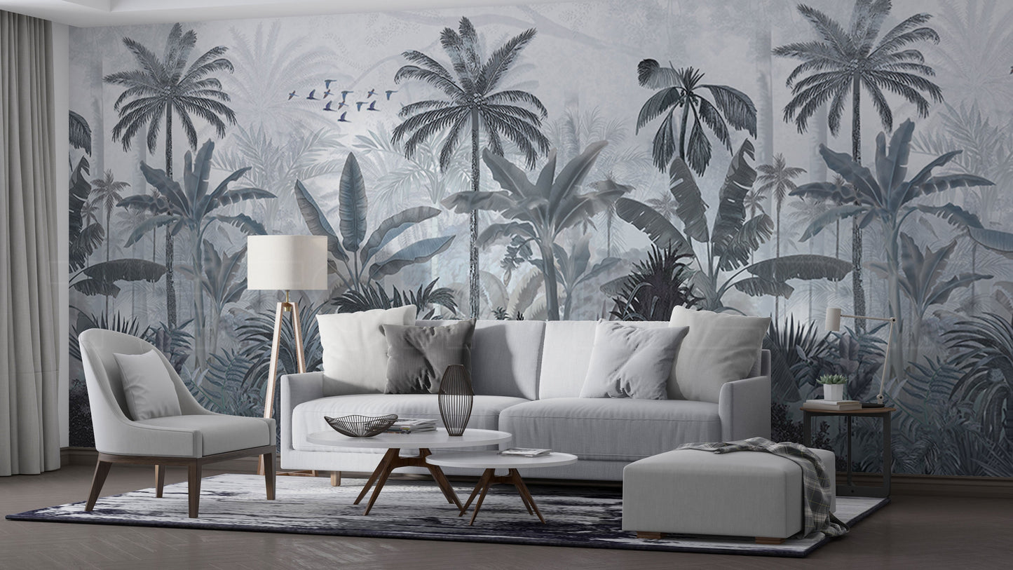 An architectural perspective of a high-end lounge area featuring the Mystic Rainforest Haven Mural in Night Rendezvous as a full-scale feature wall. The mural’s expansive botanical vista pairs elegantly with modern furniture and warm accent lighting, creating a peaceful and cultured interior sanctuary.