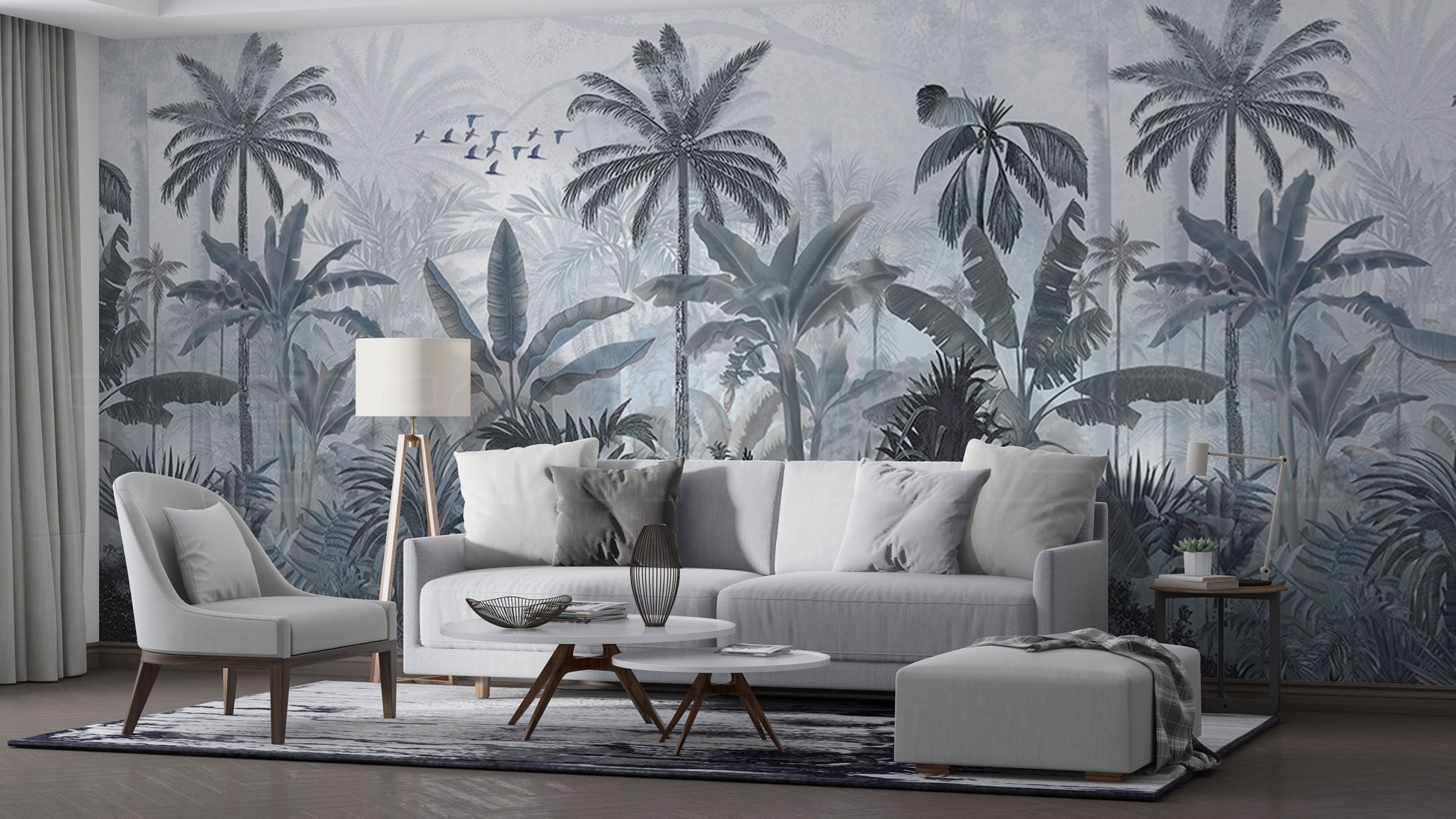 An architectural perspective of a high-end lounge area featuring the Mystic Rainforest Haven Mural in Night Rendezvous as a full-scale feature wall. The mural’s expansive botanical vista pairs elegantly with modern furniture and warm accent lighting, creating a peaceful and cultured interior sanctuary.
